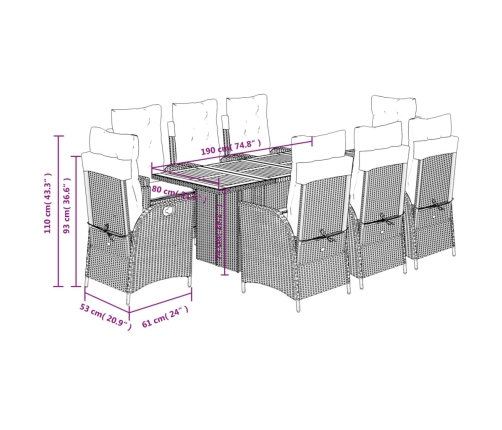 Set comedor jardín 9 pzas y cojines ratán sintético gris