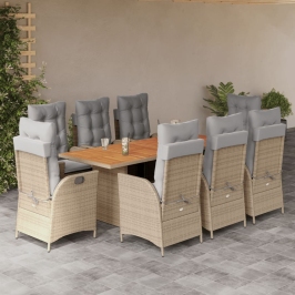 Set comedor de jardín 9 pzas con cojines ratán sintético beige