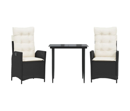 Set comedor de jardín 3 pzas con cojines ratán sintético negro