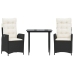 Set comedor de jardín 3 pzas con cojines ratán sintético negro