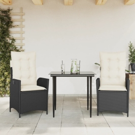 Set comedor de jardín 3 pzas con cojines ratán sintético negro