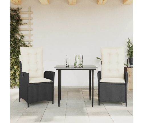 Set comedor de jardín 3 pzas con cojines ratán sintético negro