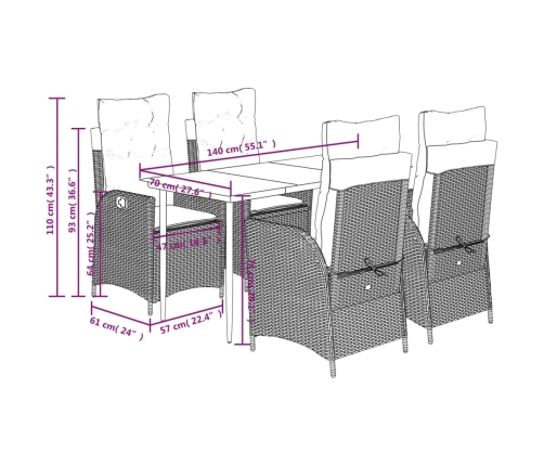 Set de muebles jardín 5 pzas con cojines ratán sintético negro