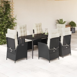 Set de comedor de jardín 7 pzas y cojines ratán sintético negro