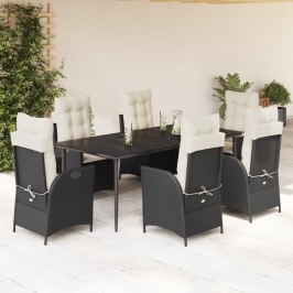 Set de comedor de jardín 7 pzas y cojines ratán sintético negro