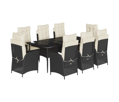 Set de comedor de jardín 9 pzas y cojines ratán sintético negro