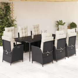 Set de comedor de jardín 9 pzas y cojines ratán sintético negro