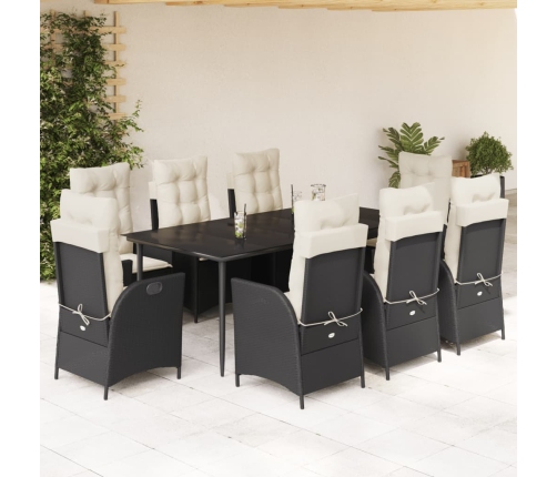Set de comedor de jardín 9 pzas y cojines ratán sintético negro