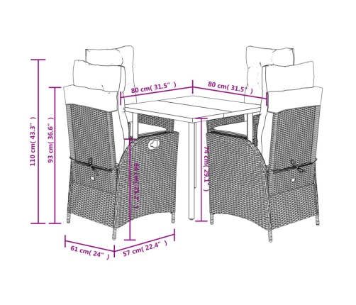 Set de muebles jardín 5 pzas con cojines ratán sintético negro