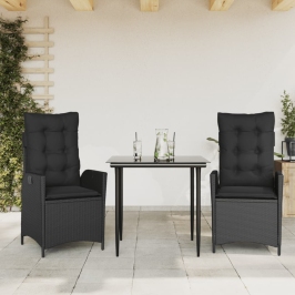 Set comedor de jardín 3 pzas con cojines ratán sintético negro