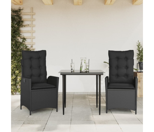 Set comedor de jardín 3 pzas con cojines ratán sintético negro