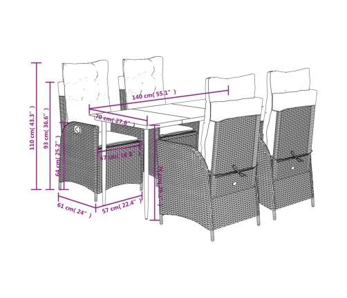Set de muebles jardín 5 pzas con cojines ratán sintético negro