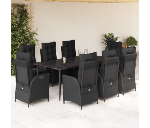 Set de comedor de jardín 9 pzas y cojines ratán sintético negro