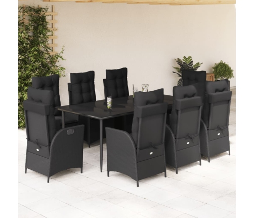 Set de comedor de jardín 9 pzas y cojines ratán sintético negro