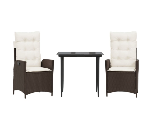 Set comedor de jardín 3 piezas y cojines ratán sintético marrón