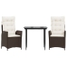 Set comedor de jardín 3 piezas y cojines ratán sintético marrón