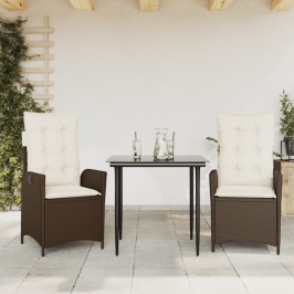 Set comedor de jardín 3 piezas y cojines ratán sintético marrón