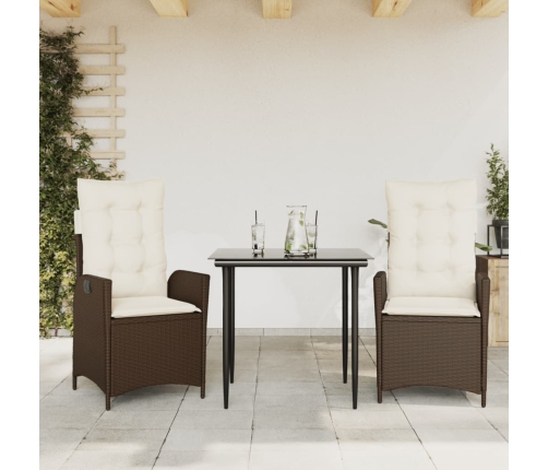 Set comedor de jardín 3 piezas y cojines ratán sintético marrón