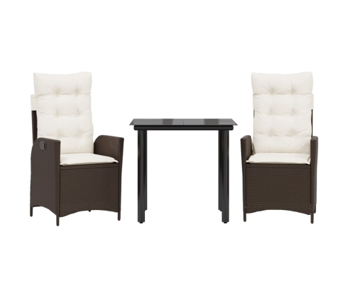 Set comedor de jardín 3 piezas y cojines ratán sintético marrón