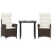 Set comedor de jardín 3 piezas y cojines ratán sintético marrón