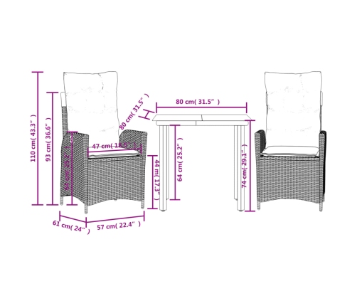 Set comedor de jardín 3 piezas y cojines ratán sintético marrón