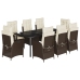 Set comedor para jardín 9 pzas y cojines ratán sintético marrón