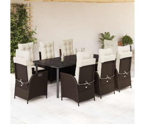 Set comedor para jardín 9 pzas y cojines ratán sintético marrón