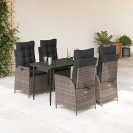 Set comedor de jardín 5 piezas con cojines ratán sintético gris