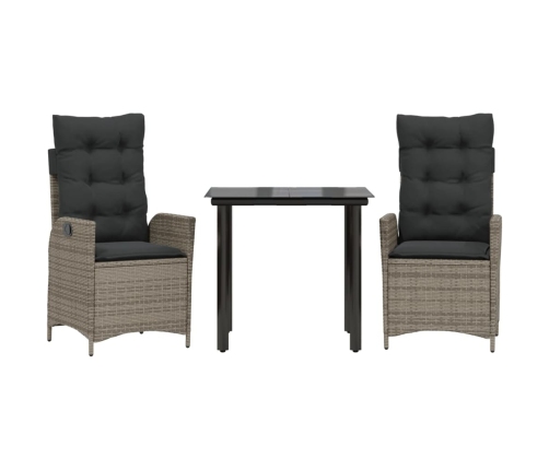 Set comedor de jardín 3 piezas con cojines ratán sintético gris