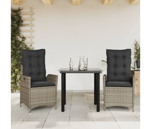 Set comedor de jardín 3 piezas con cojines ratán sintético gris