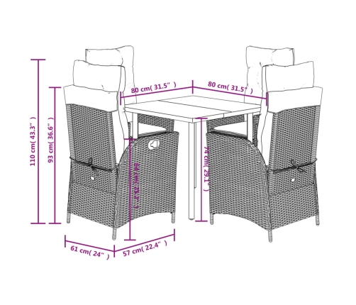 Set comedor de jardín 5 piezas con cojines ratán sintético gris