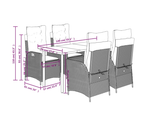 Set comedor de jardín 5 piezas con cojines ratán sintético gris