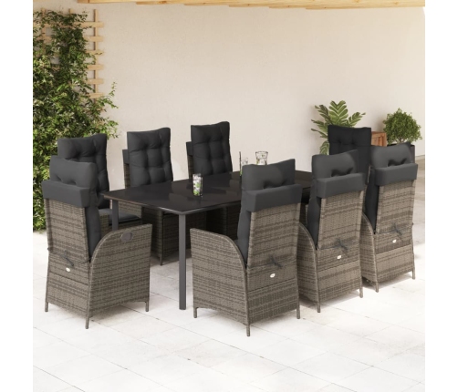 Set comedor jardín 9 pzas y cojines ratán sintético gris