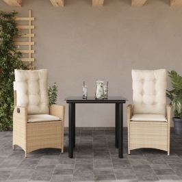 Set comedor de jardín 3 pzas con cojines ratán sintético beige
