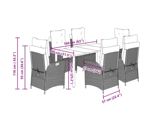 Set comedor de jardín 7 pzas con cojines ratán sintético beige