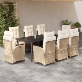 Set comedor de jardín 9 pzas con cojines ratán sintético beige