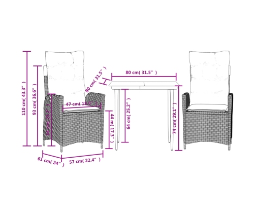 Set comedor de jardín 3 pzas con cojines ratán sintético beige