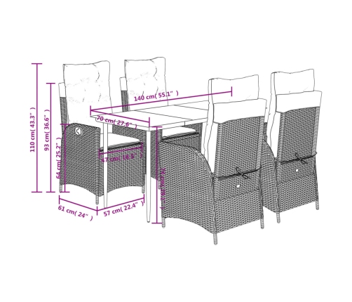 Set comedor de jardín 5 pzas con cojines ratán sintético beige