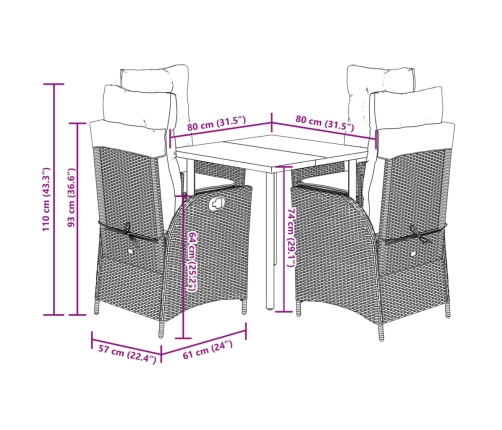 Set comedor de jardín 5 pzas con cojines ratán sintético beige