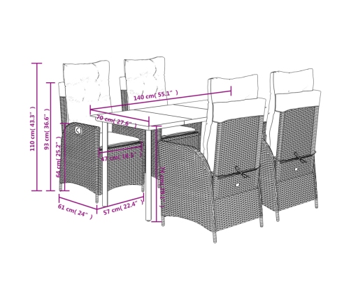 Set comedor de jardín 5 pzas con cojines ratán sintético beige