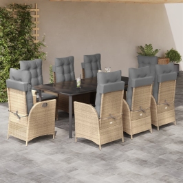 Set comedor de jardín 9 pzas con cojines ratán sintético beige