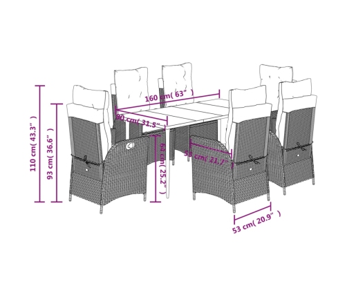 Set comedor jardín 7 pzas y cojines ratán sintético gris claro