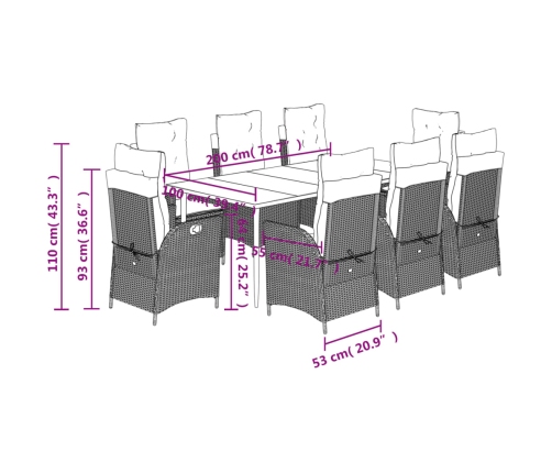 Set comedor de jardín 9 pzas cojines ratán sintético gris claro