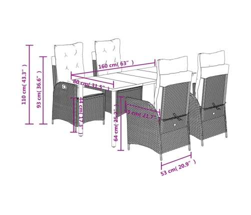 Set comedor de jardín 5 pzas cojines ratán sintético gris claro
