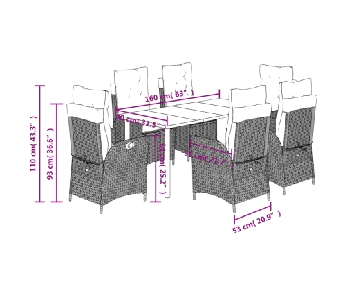 Set comedor jardín 7 pzas y cojines ratán sintético gris claro