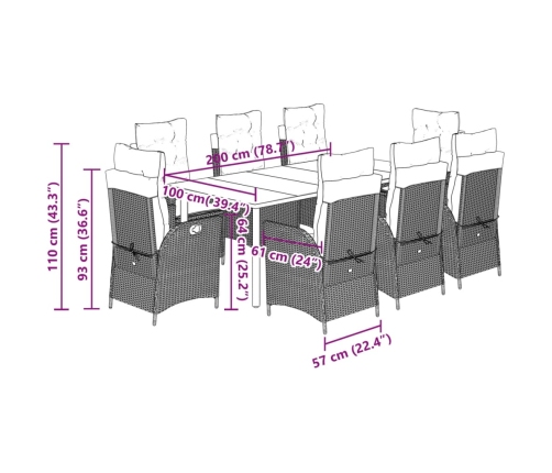 Set comedor de jardín 9 pzas cojines ratán sintético gris claro