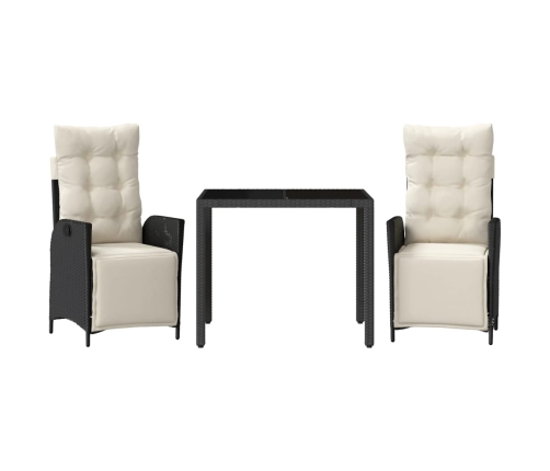 Set comedor de jardín 3 pzas con cojines ratán sintético negro