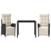 Set comedor de jardín 3 pzas con cojines ratán sintético negro