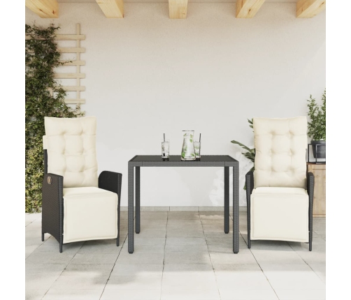 Set comedor de jardín 3 pzas con cojines ratán sintético negro