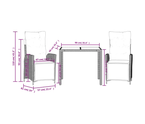 Set comedor de jardín 3 pzas con cojines ratán sintético negro